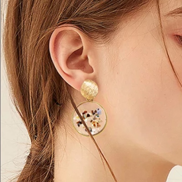 Gold Round Acrylic Shell Earrings - Picture 5 of 5